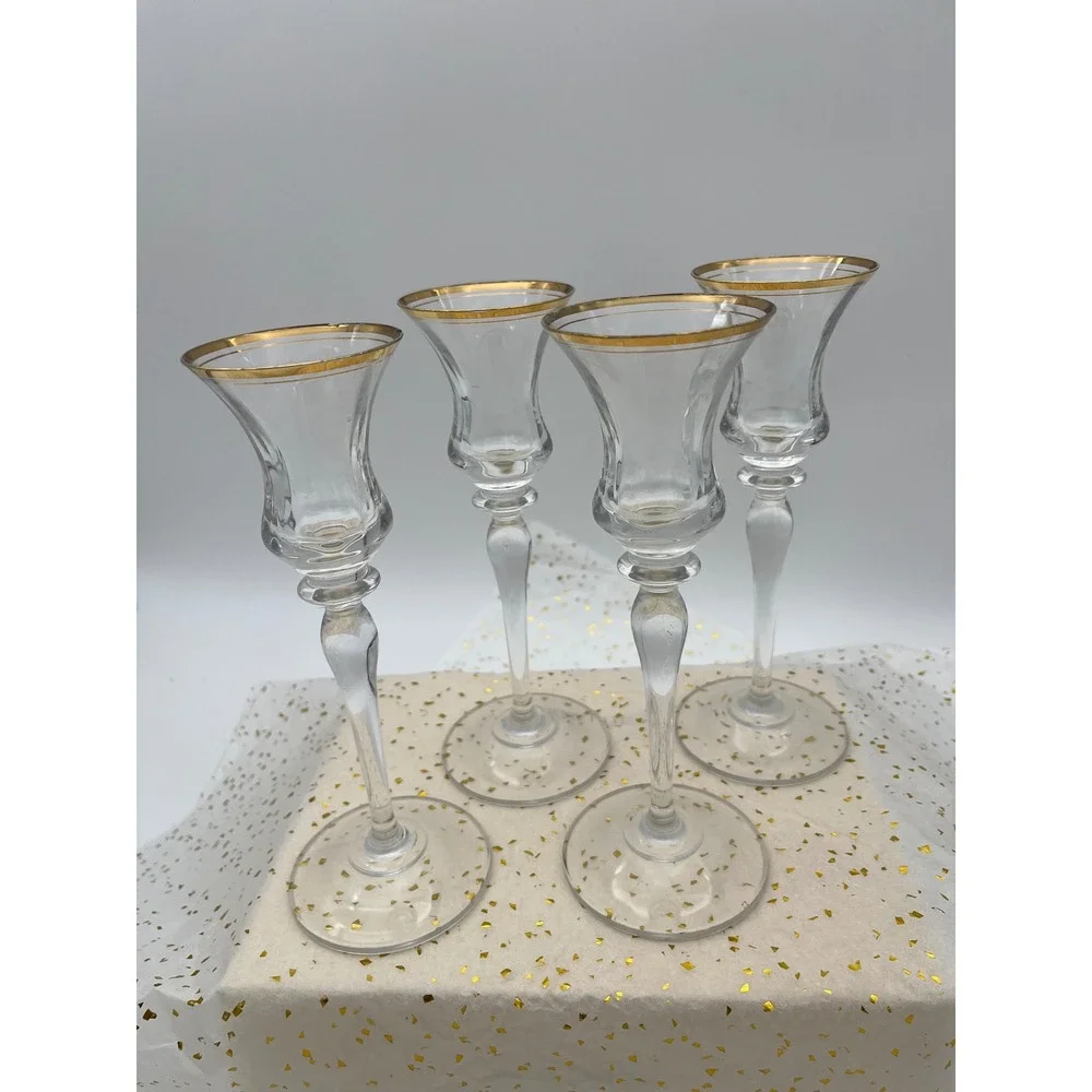 Unbranded Crystal Candle Holder Set 4 Clear Gold Rim Excellent Tapered Stem 8in